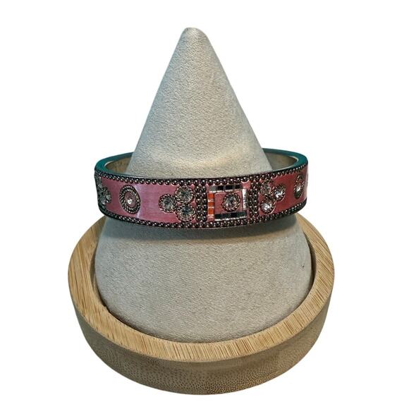 Pink Silver Tone Crystal Cuff Bracelet 7.5” Mirrored Beads Boho Glam - Picture 2 of 7